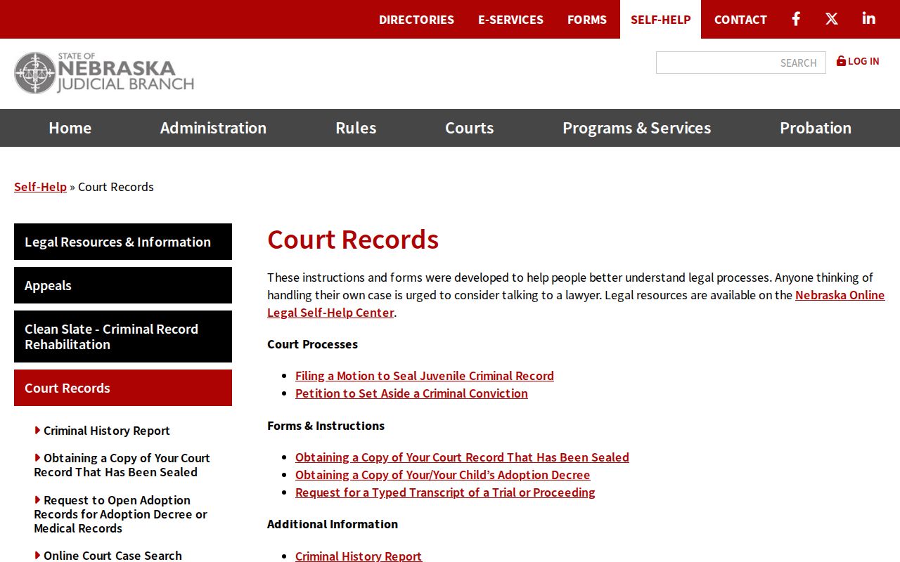 Nebraska Judicial Branch court record guidance used for Plymouth cases